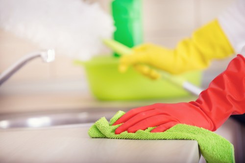 Different stain types on fabric with cleaning tools